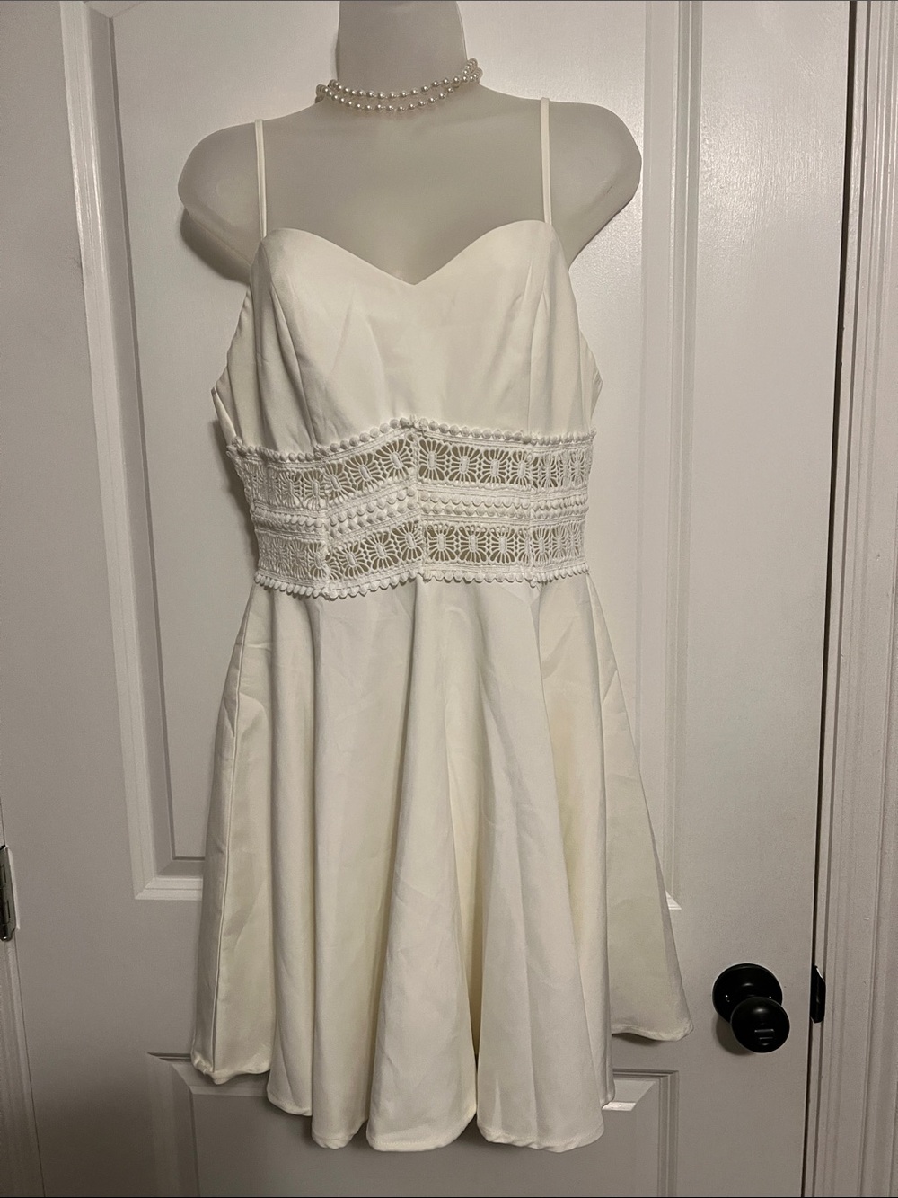 White Spaghetti Strap Mini Dress with Crochet Waist